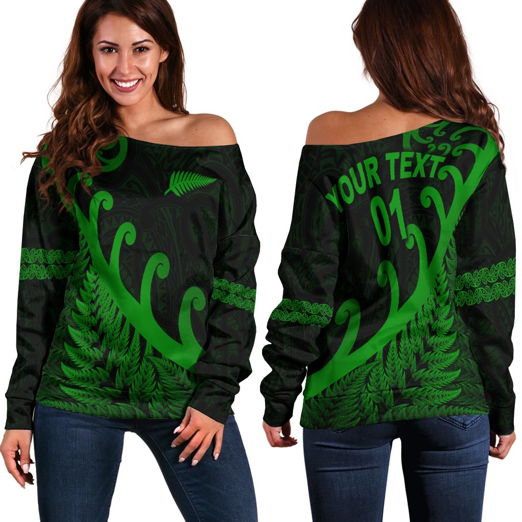 (Custom Personalised) New Zealand Rugby Maori Women Off Shoulder Sweater Silver Fern Koru Vibes - Green LT8 - Polynesian Pride