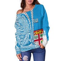 Fiji Off Shoulder Sweater Masi Tapa Patterns Blue Style LT6 - Polynesian Pride