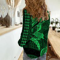 Hawaii Women Casual Shirt Shark and Turtle Mix Kakau Green LT9 - Polynesian Pride