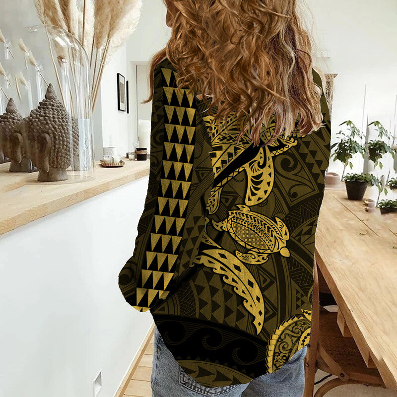 Hawaii Women Casual Shirt Shark and Turtle Mix Kakau Gold LT9 - Polynesian Pride