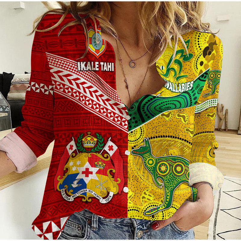 Tonga Ikale Tahi Ngatu And Australia Wallabies Aboriginal Woman Casual Shirt Rugby Together LT8 Female - Polynesian Pride