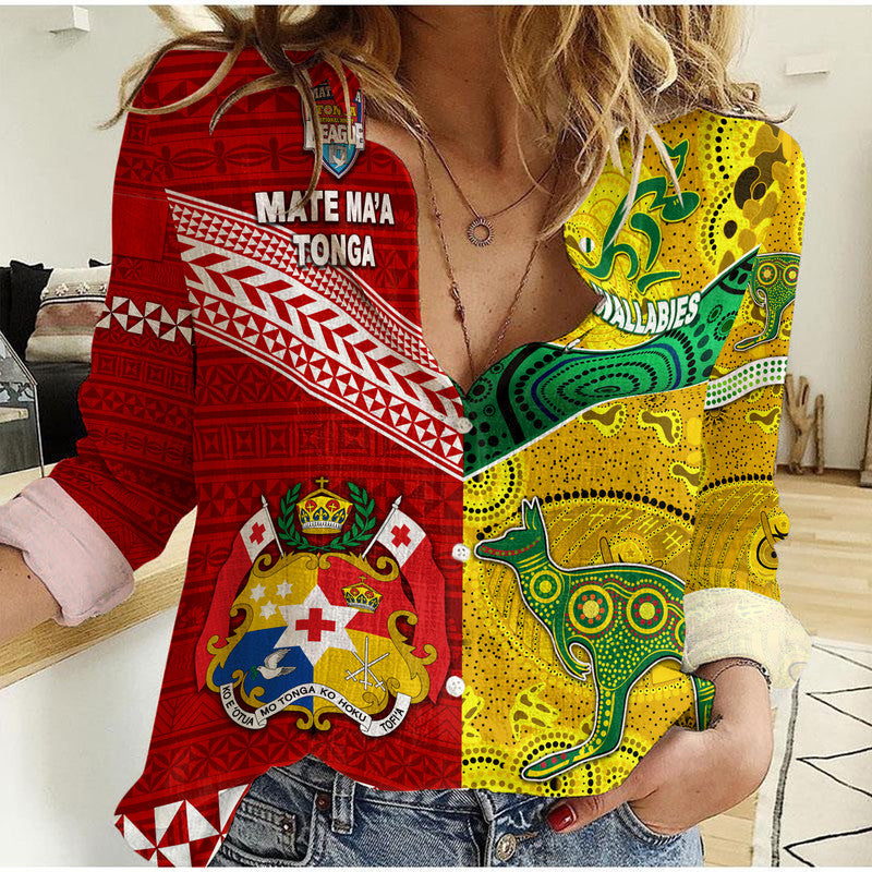 (Custom Personalised) Mate Ma'a Tonga Ngatu And Australia Wallabies Aboriginal Woman Casual Shirt Rugby Together LT8 Female - Polynesian Pride