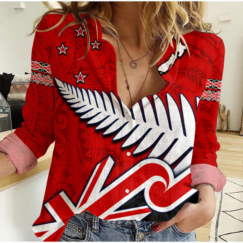 (Custom Personalised) Waitangi Women Casual Shirt Aotearoa Tino Rangatiratanga Flag with Silver Fern LT9 Female Red - Polynesian Pride