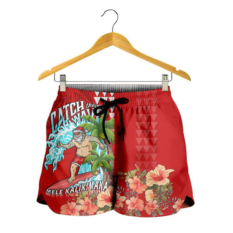 Hawaii Mele Kalikimaka Women Short Santa Claus Surfing Xmas Time LT9 Red - Polynesian Pride