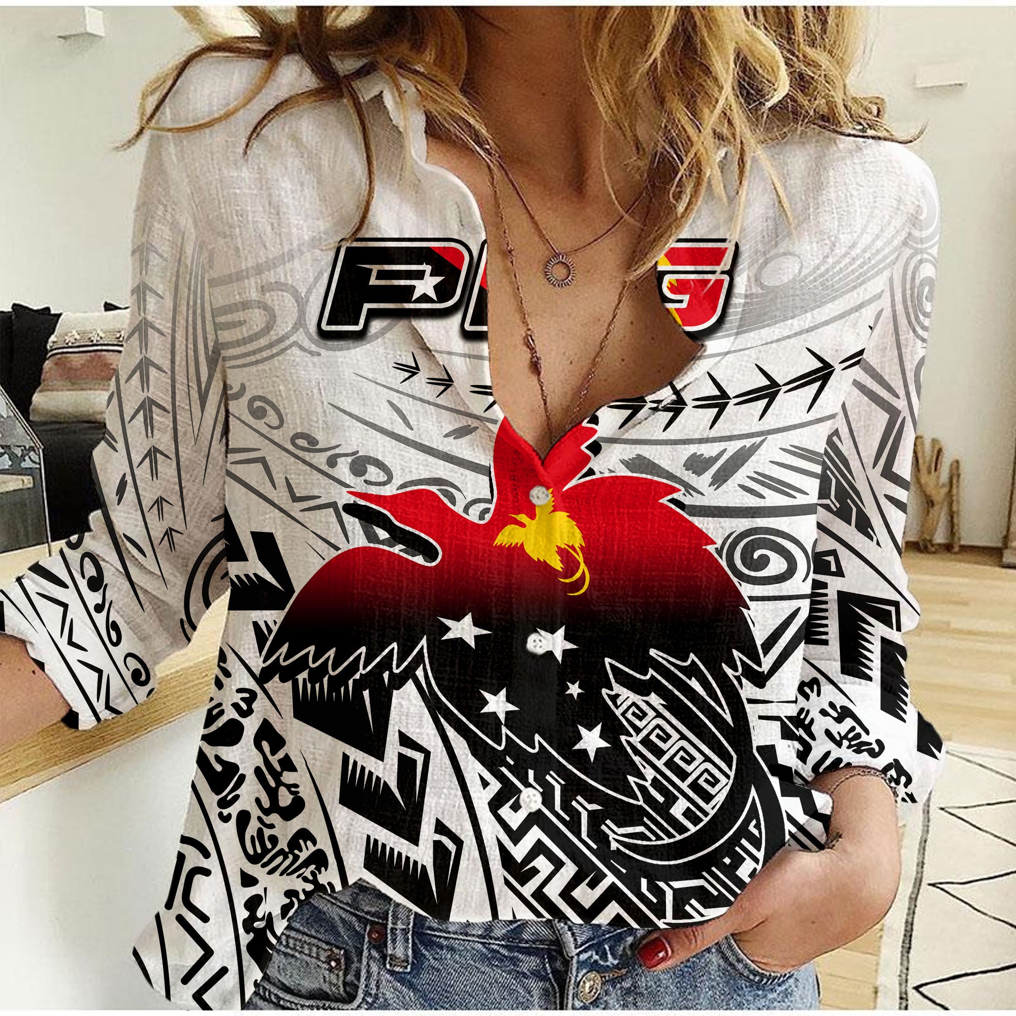 Papua New Guinea Patterns Casual Shirt LT6 Female White - Polynesian Pride