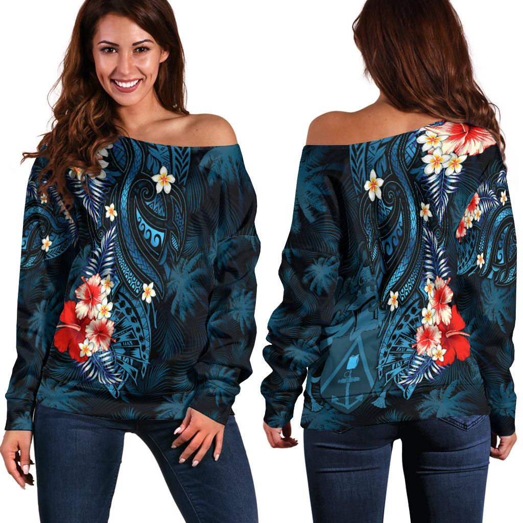 Pitcairn Islands Coconut Tree Turtle Polynesia Women Off Shoulder Sweater - LT2 Women BLUE - Polynesian Pride