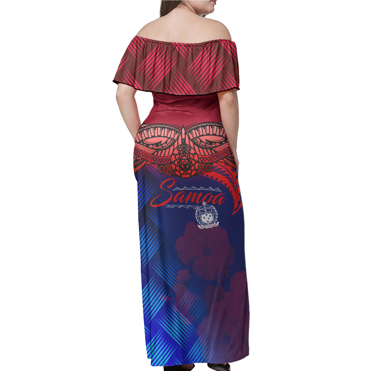 Samoa Polynesian Woman Off Shoulder Long Dress - Samoa Coat Of Arms With Lauhala Tribal Pattern - Polynesian Pride