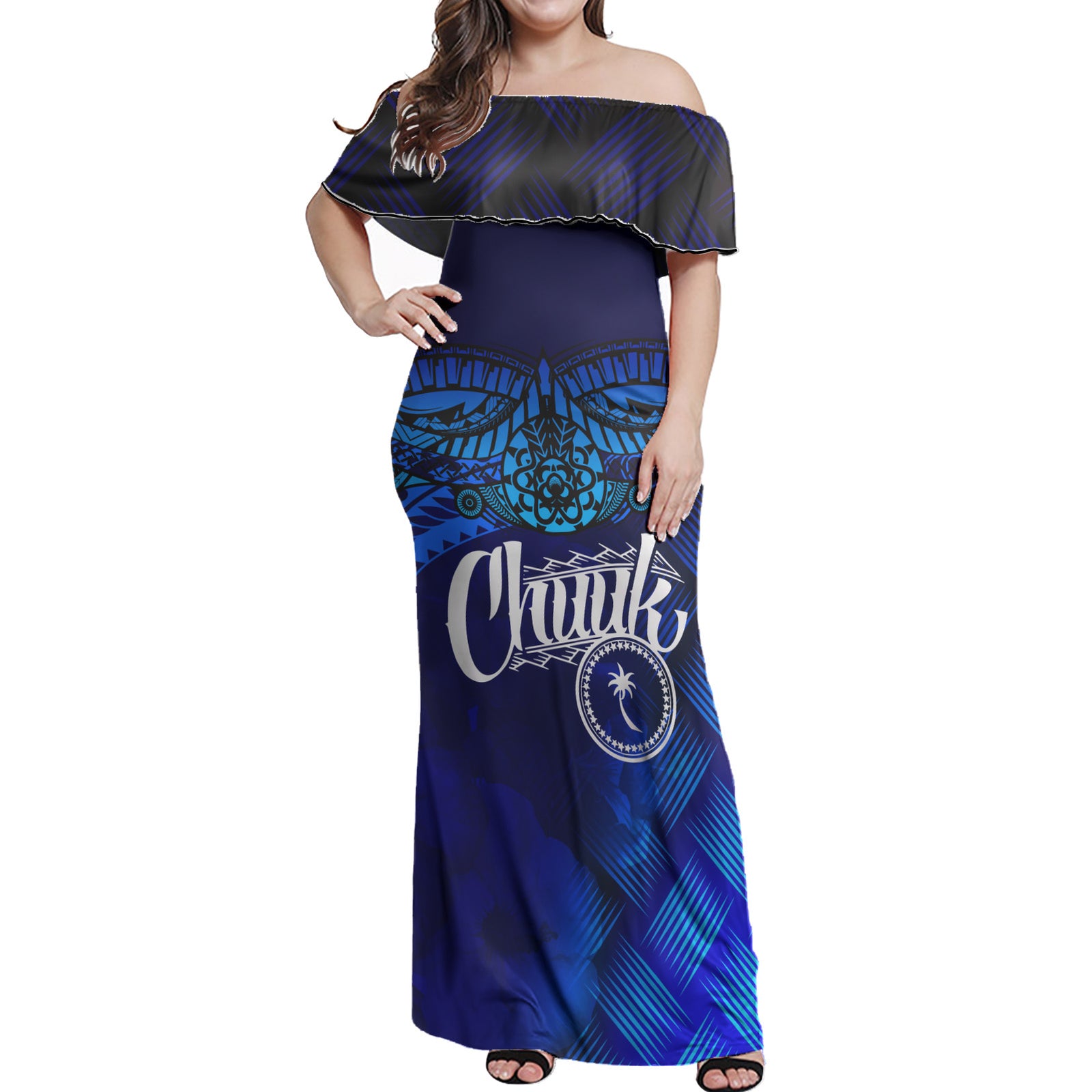 Chuuk Polynesian Woman Off Shoulder Long Dress - Lauhala Coat Of Arms Women Blue - Polynesian Pride