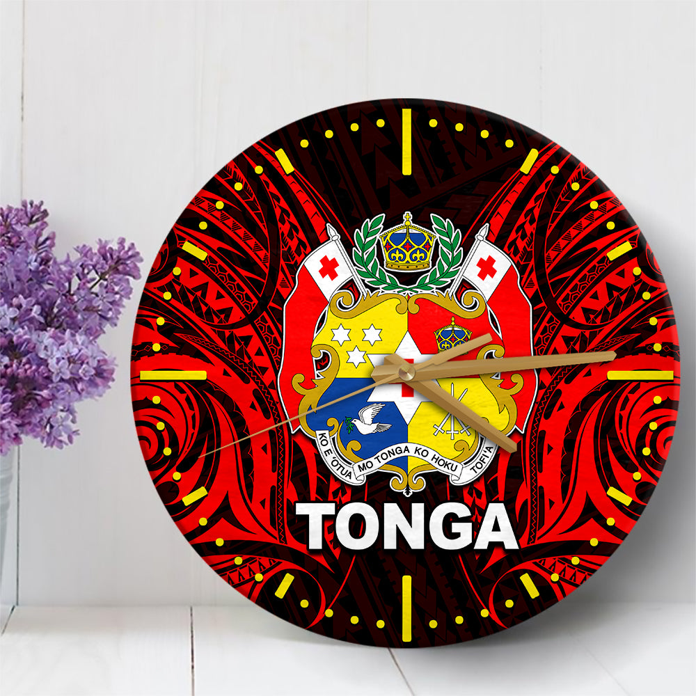 Tonga Wall Clock Polynesian Tattoo Coat Of Arms Black LT6 30 cm Black - Polynesian Pride