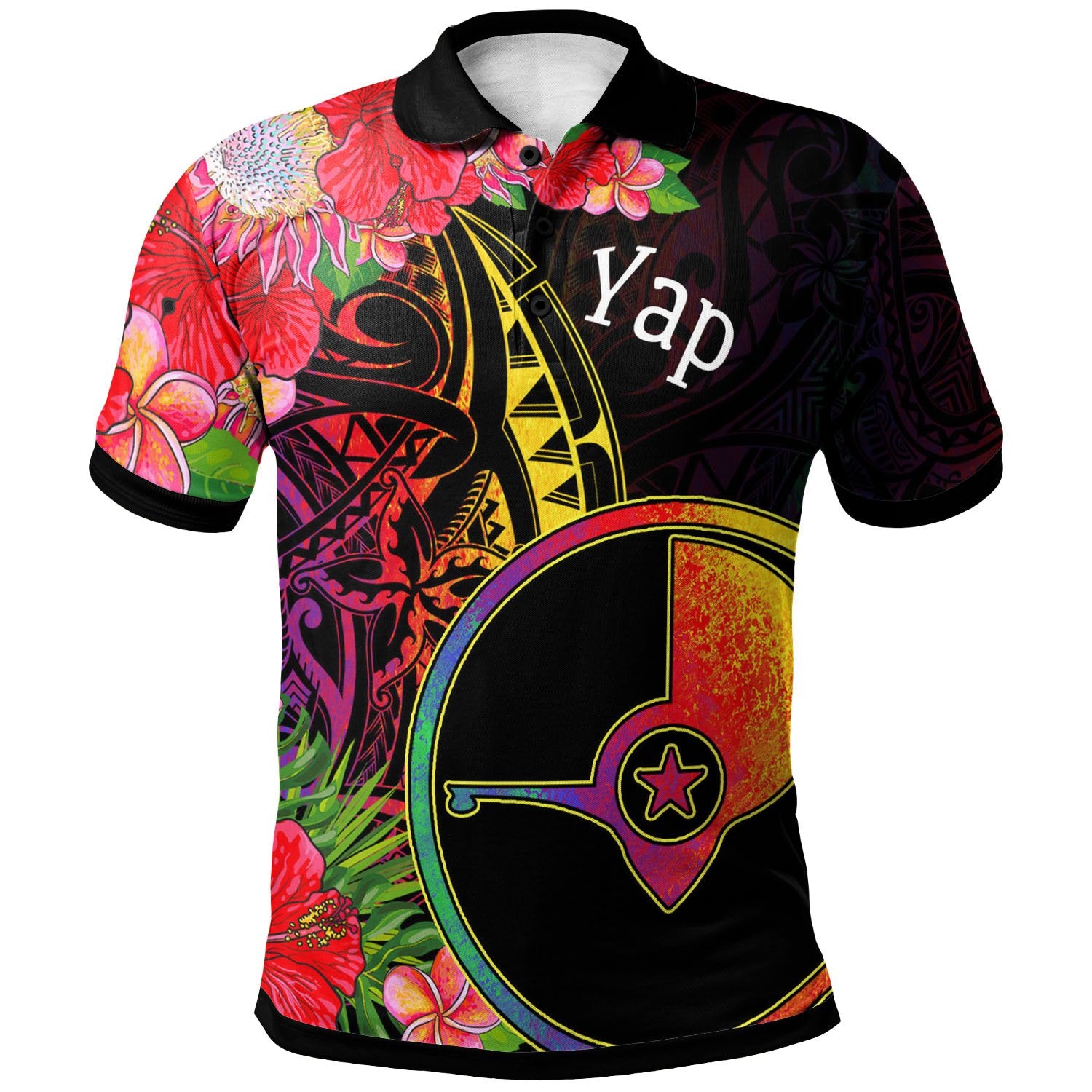 Yap State Polo Shirt Tropical Hippie Style Unisex Black - Polynesian Pride