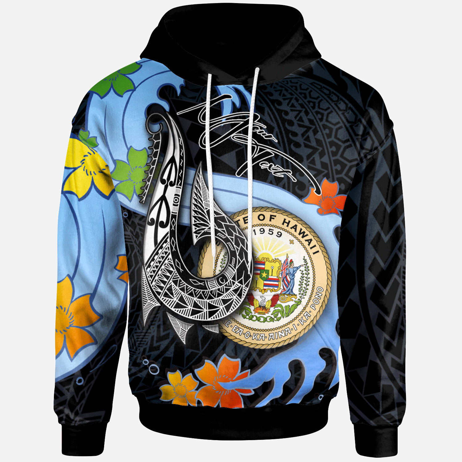 Hawaii Custom Hoodie Fish Hooks and Wave Unisex Black - Polynesian Pride