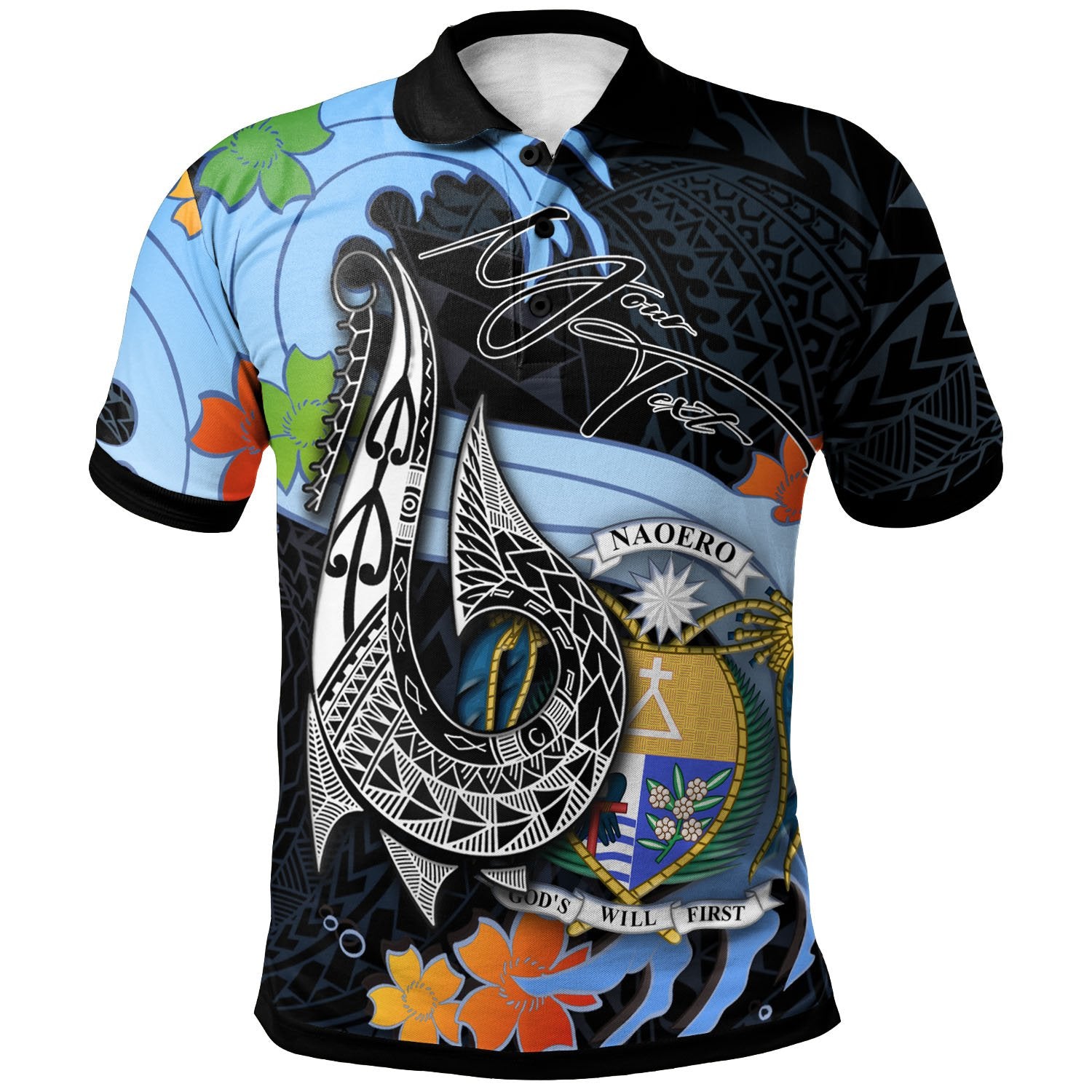 Nauru Custom Polo Shirt Fish Hooks and Wave Unisex Black - Polynesian Pride