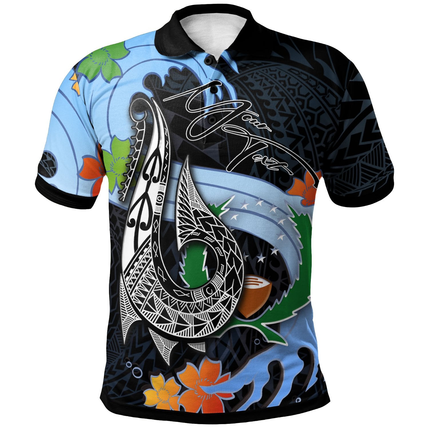 Pohnpei State Custom Polo Shirt Fish Hooks and Wave Unisex Black - Polynesian Pride