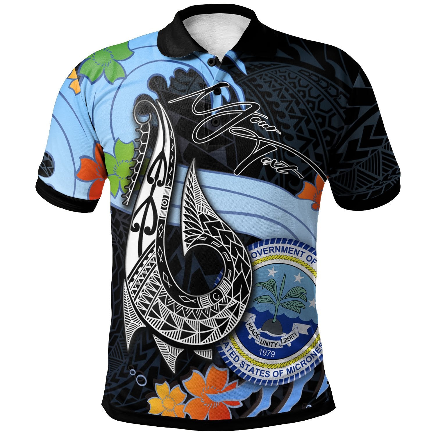 Federated States of Micronesia Custom Polo Shirt Fish Hooks and Wave Unisex Black - Polynesian Pride