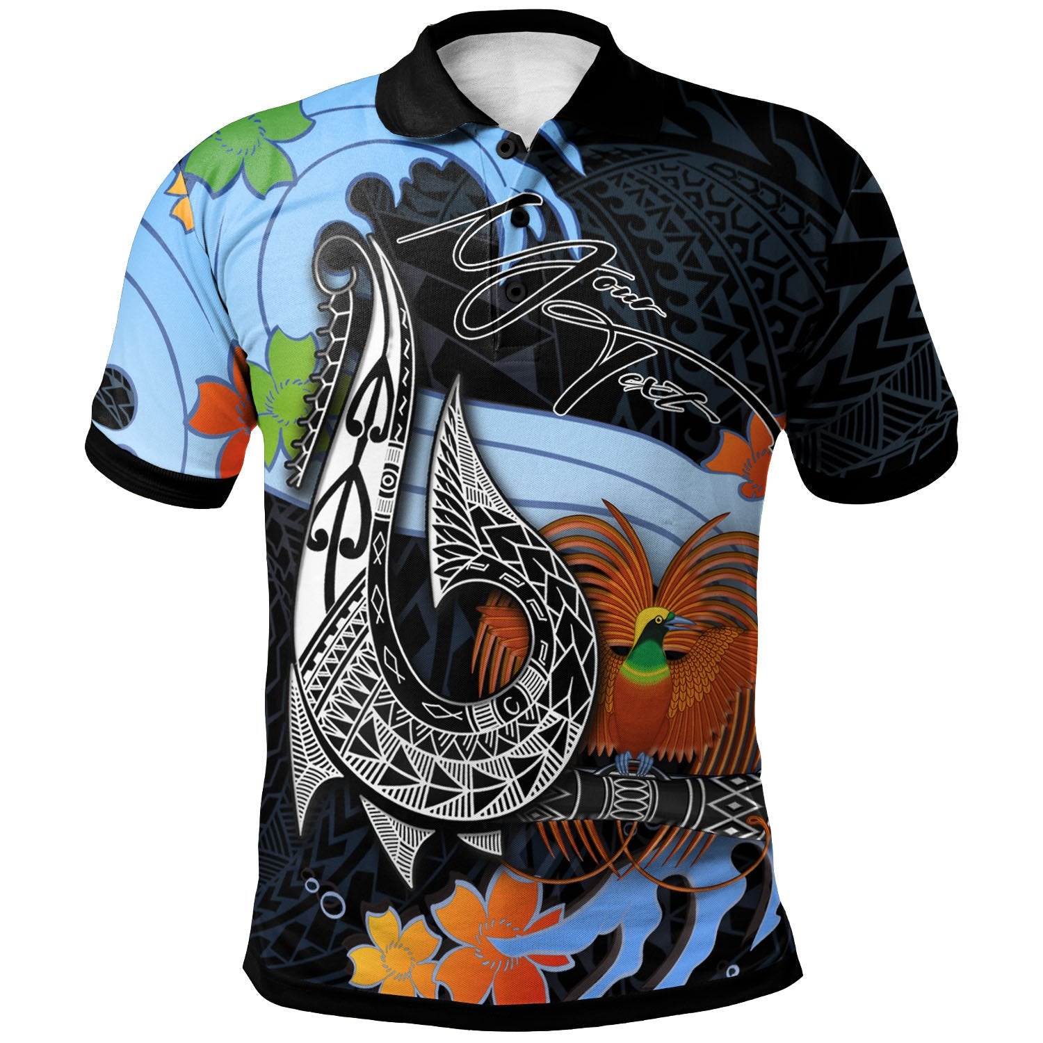 Papua New Guinea Custom Polo Shirt Fish Hooks and Wave Unisex Black - Polynesian Pride