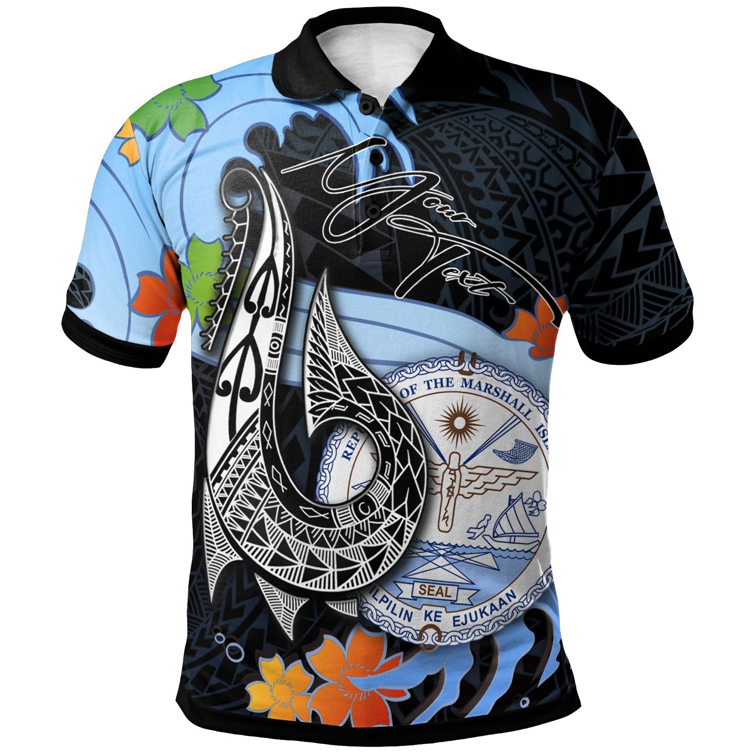 Marshall Islands Custom Polo Shirt Fish Hooks and Wave Unisex Black - Polynesian Pride