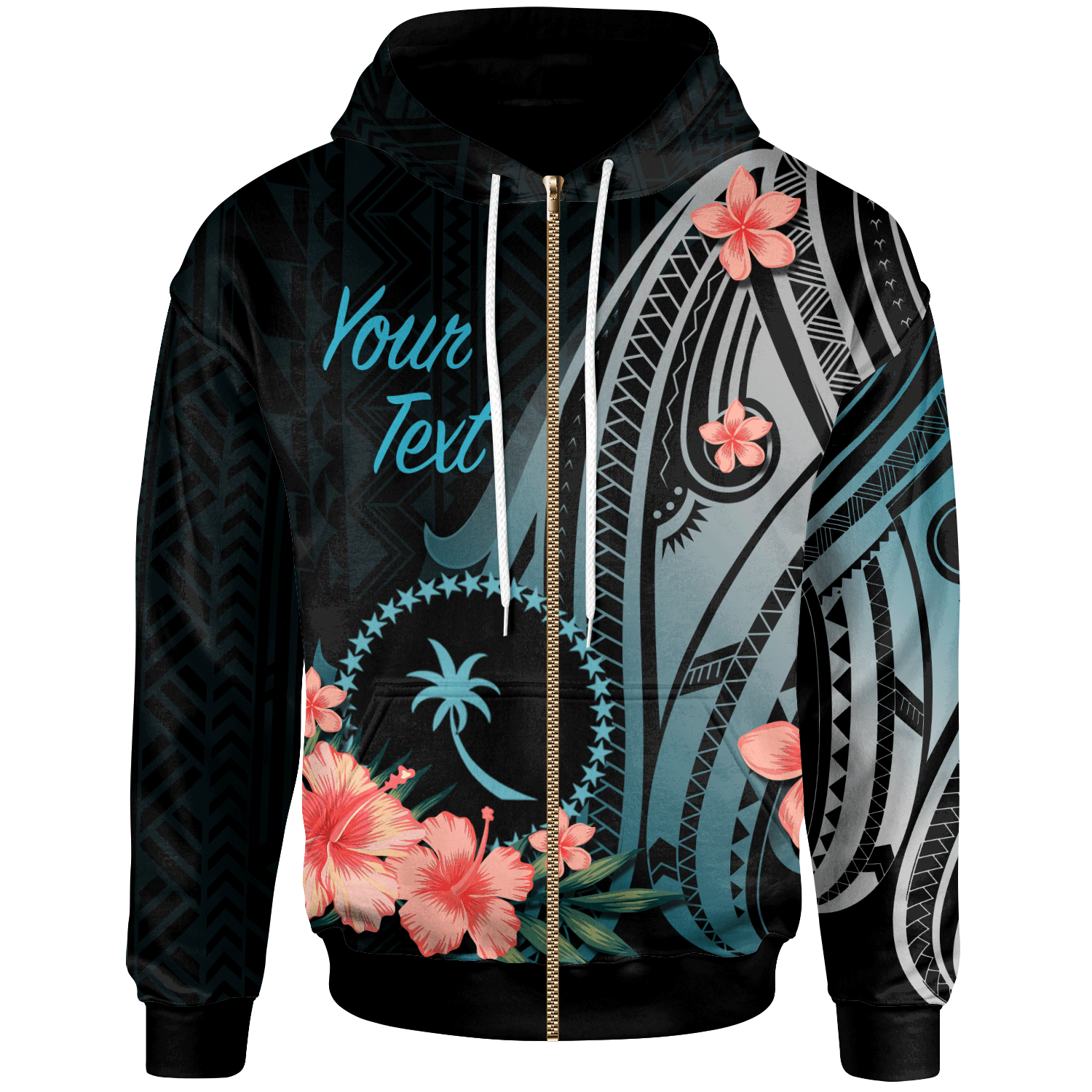 Chuuk Custom Zip Hoodie Turquoise Polynesian Hibiscus Pattern Style Unisex Turquoise - Polynesian Pride