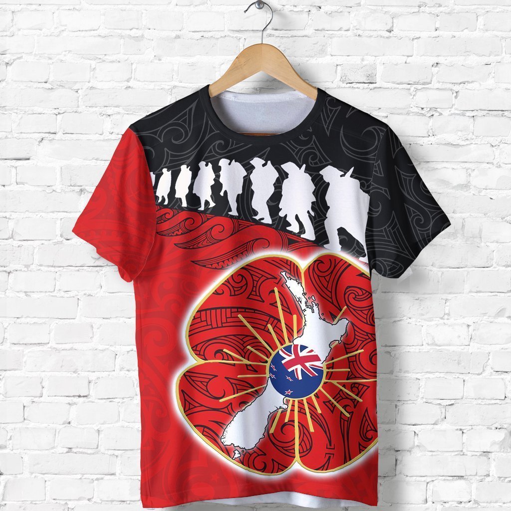 New Zealand Anzac T Shirt Lest We Forget Poppy Maori Fern Unisex Black - Polynesian Pride