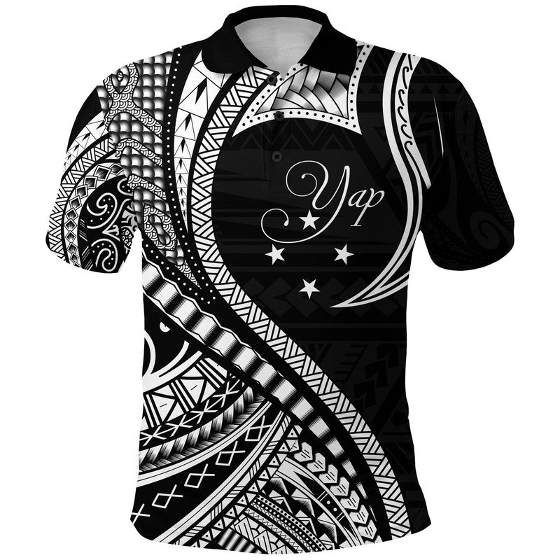 Yap Polo Shirt Federated States of Micronesia Black Wave Style LT9 Adult Black - Polynesian Pride