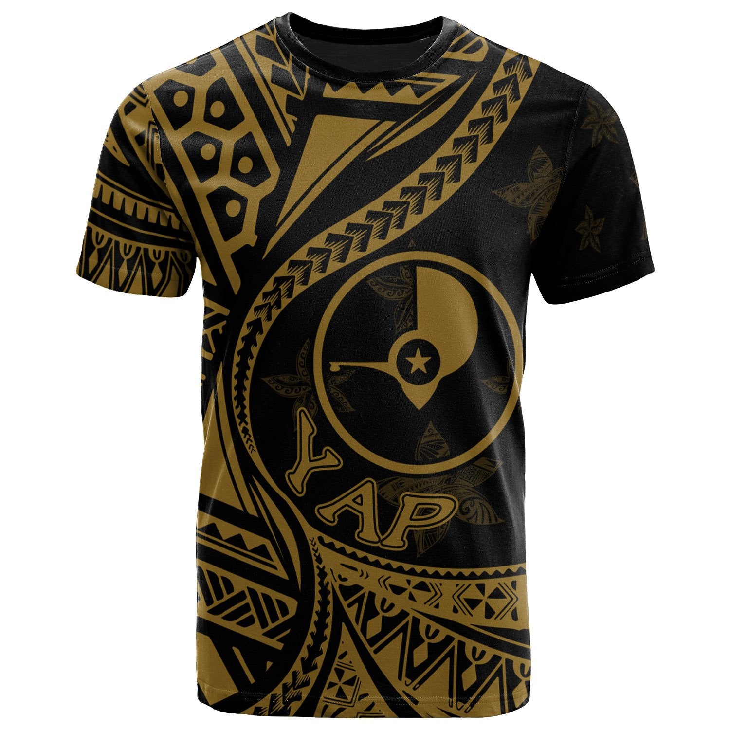 Yap State T Shirt Plumeria Flowers Gold Version Unisex Black - Polynesian Pride