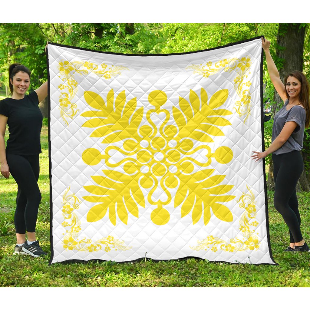 Hawaiian Quilt Maui Plant And Hibiscus Premium Quilt - Yellow White - AH Yellow - Polynesian Pride