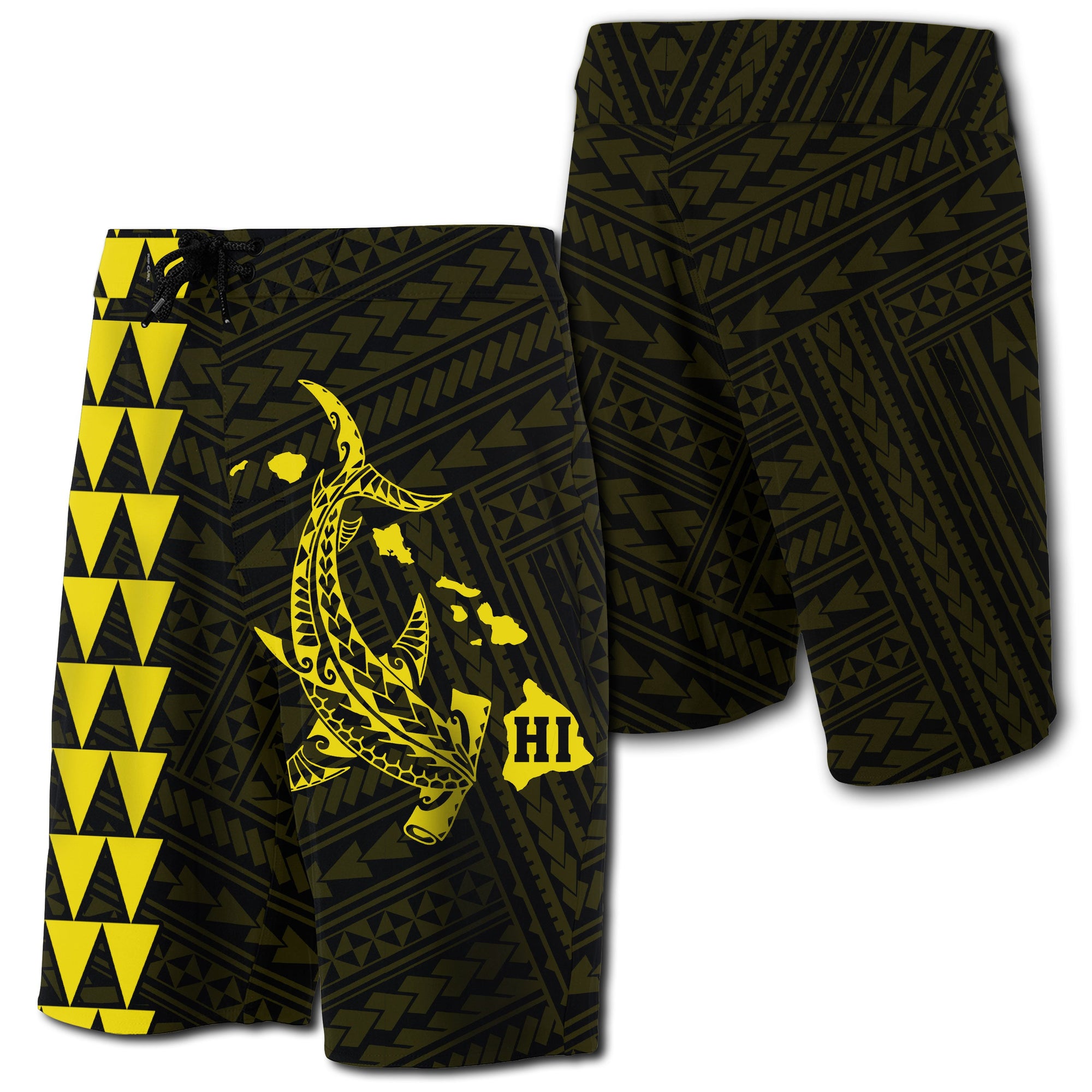 Hawaii Kakau Polynesian Hammerhead Shark Board Shorts - Yellow Men Yellow - Polynesian Pride