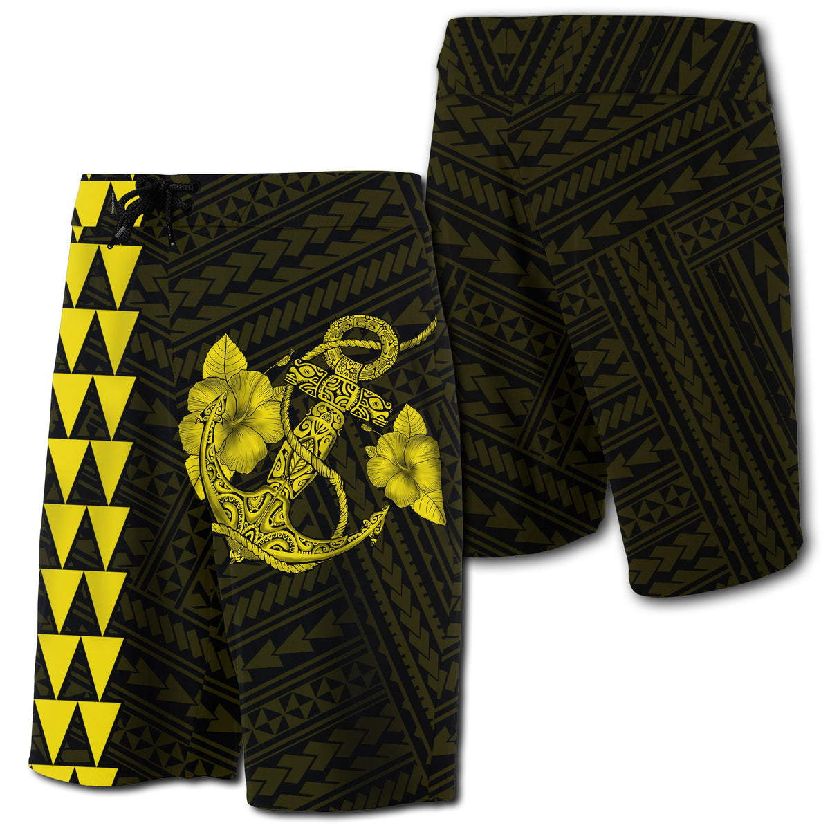 Hawaii Kakau Polynesian Anchor Board Shorts - Yellow Men Yellow - Polynesian Pride