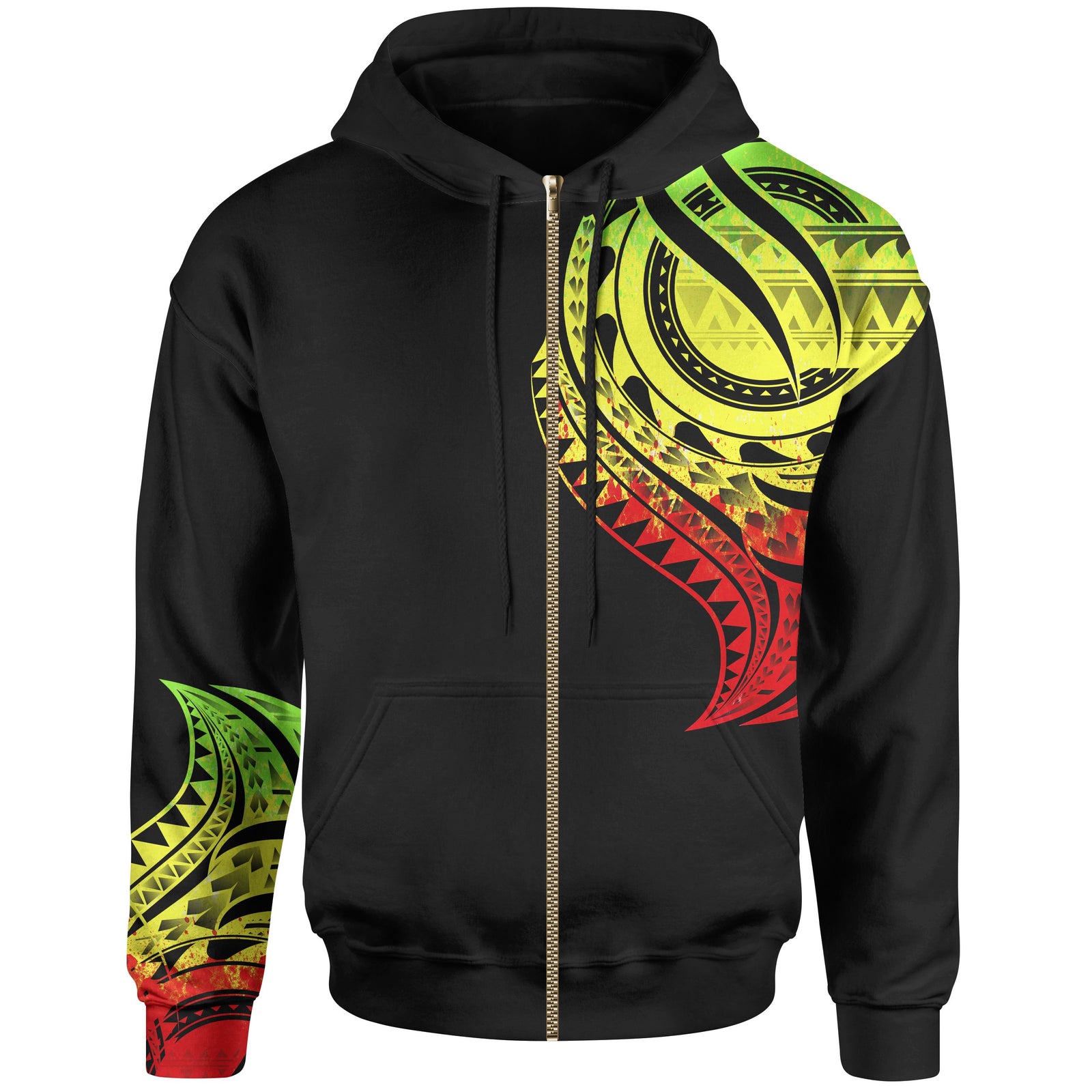 Papua New Guinea Zip Hoodie Papua New Guinea Tatau Reggae Patterns With Coat of Arms Unisex Black - Polynesian Pride