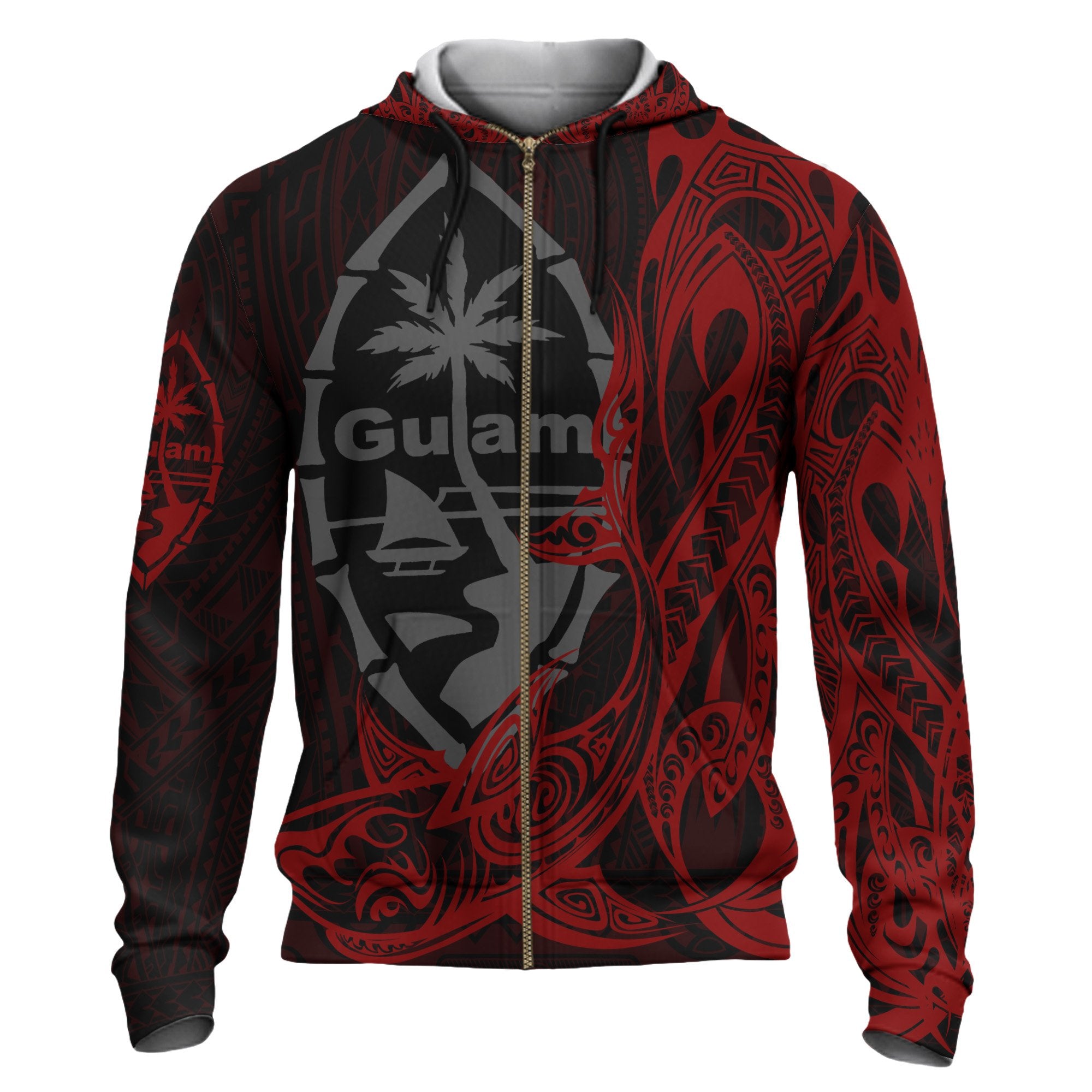 Guam Zip up Hoodie Guam Seal With Shark Red Color Unisex Black - Polynesian Pride