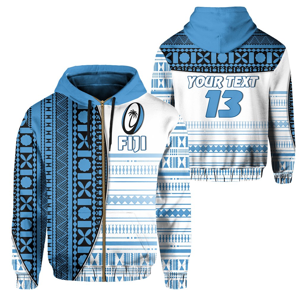 Custom Fiji Rugby Zip Hoodie Impressive Version Blue Custom Text and Number Unisex Blue - Polynesian Pride