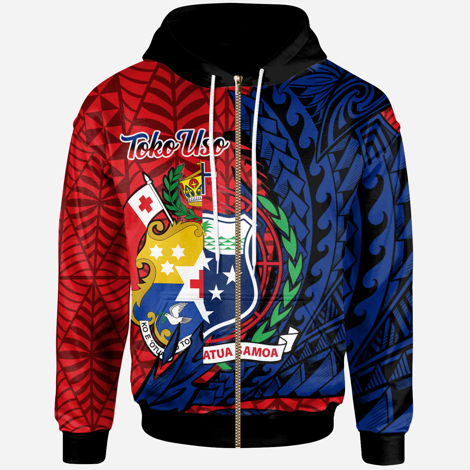 TokoUso Zip Hoodie Wings Style Unisex Red - Blue - Polynesian Pride