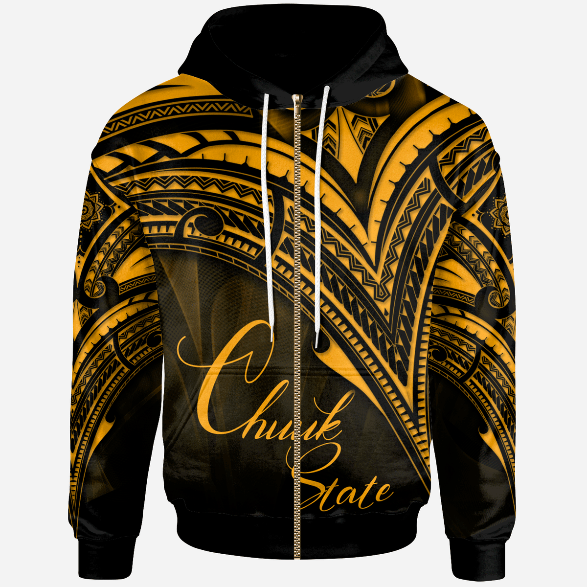 Chuuk State Zip Hoodie Gold Color Cross Style Unisex Black - Polynesian Pride