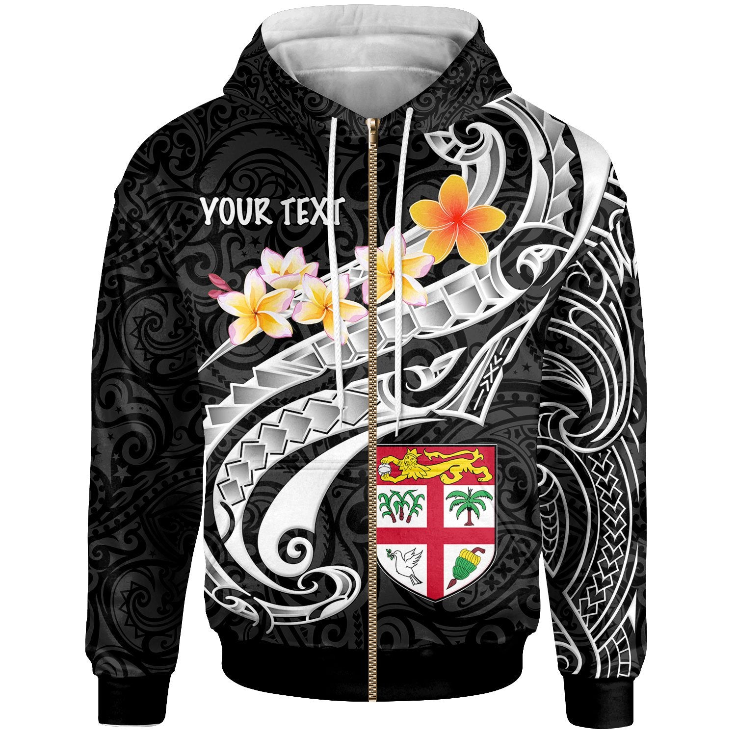 Fiji Custom Zip up Hoodie Fiji Seal Polynesian Patterns Plumeria (Black) Unisex Black - Polynesian Pride