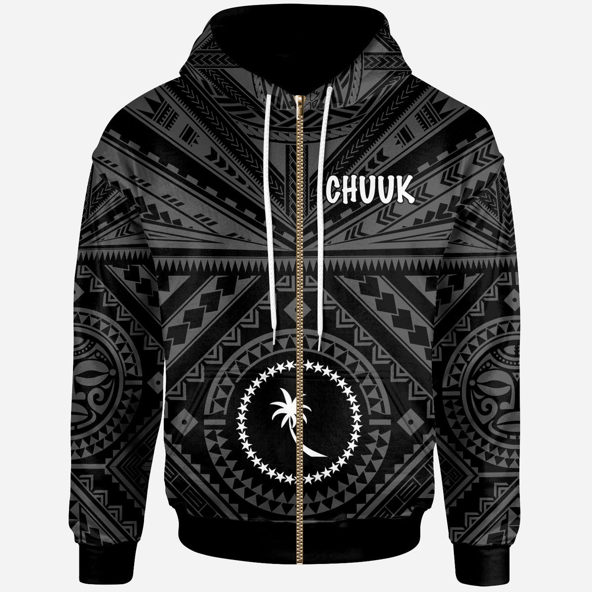 Chuuk Zip up Hoodie Chuuk Seal With Polynesian Tattoo Style (Black) Unisex Black - Polynesian Pride
