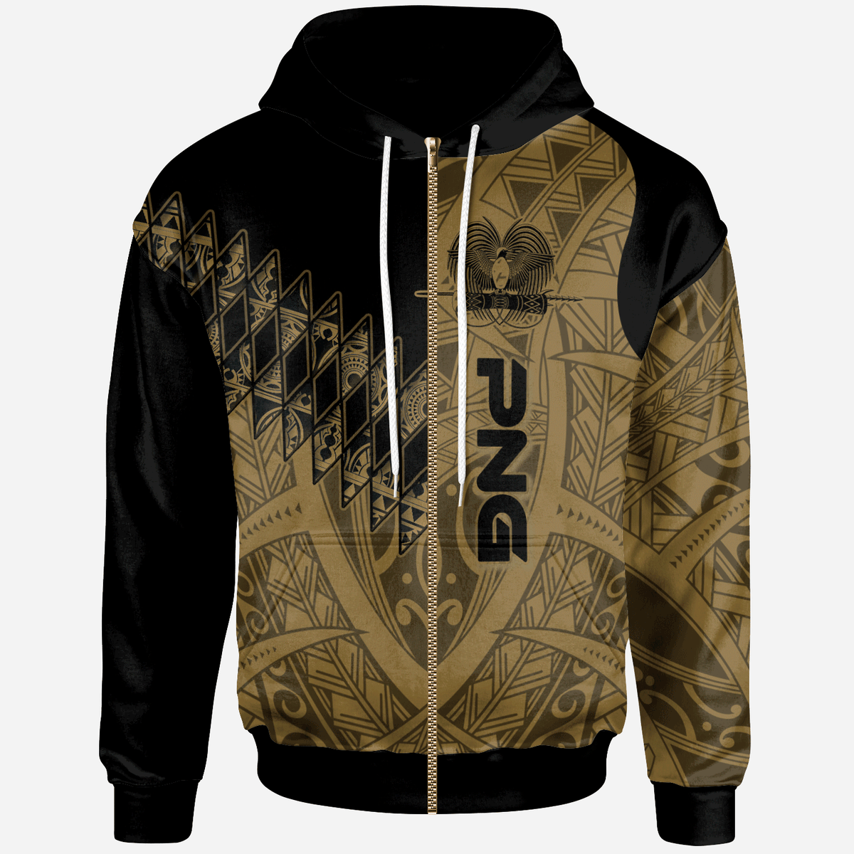 Papua New Guinea Zip Hoodie Gold Color Symmetry Style Unisex Black - Polynesian Pride