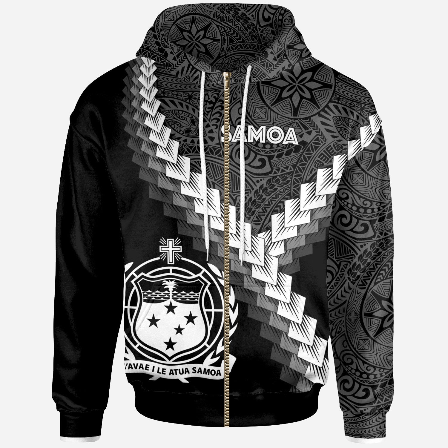 Samoa Zip up Hoodie Coat of Arms With Polynesian Tattoo Unisex White - Polynesian Pride