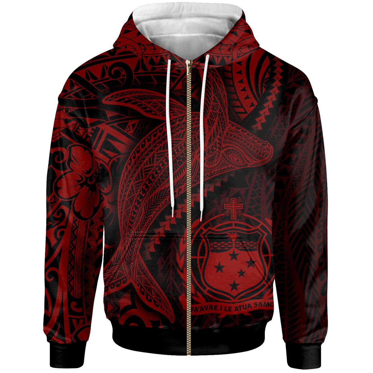 Samoa Zip up Hoodie Humpback Whale & Coat of Arms Red Unisex Red - Polynesian Pride