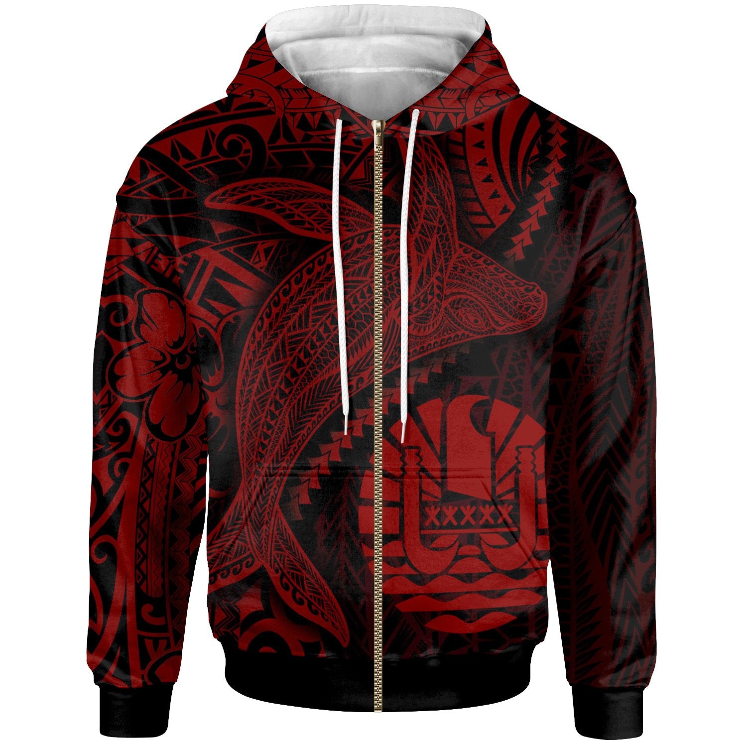 Tahiti Zip up Hoodie Humpback Whale & Coat of Arms Red Unisex Red - Polynesian Pride