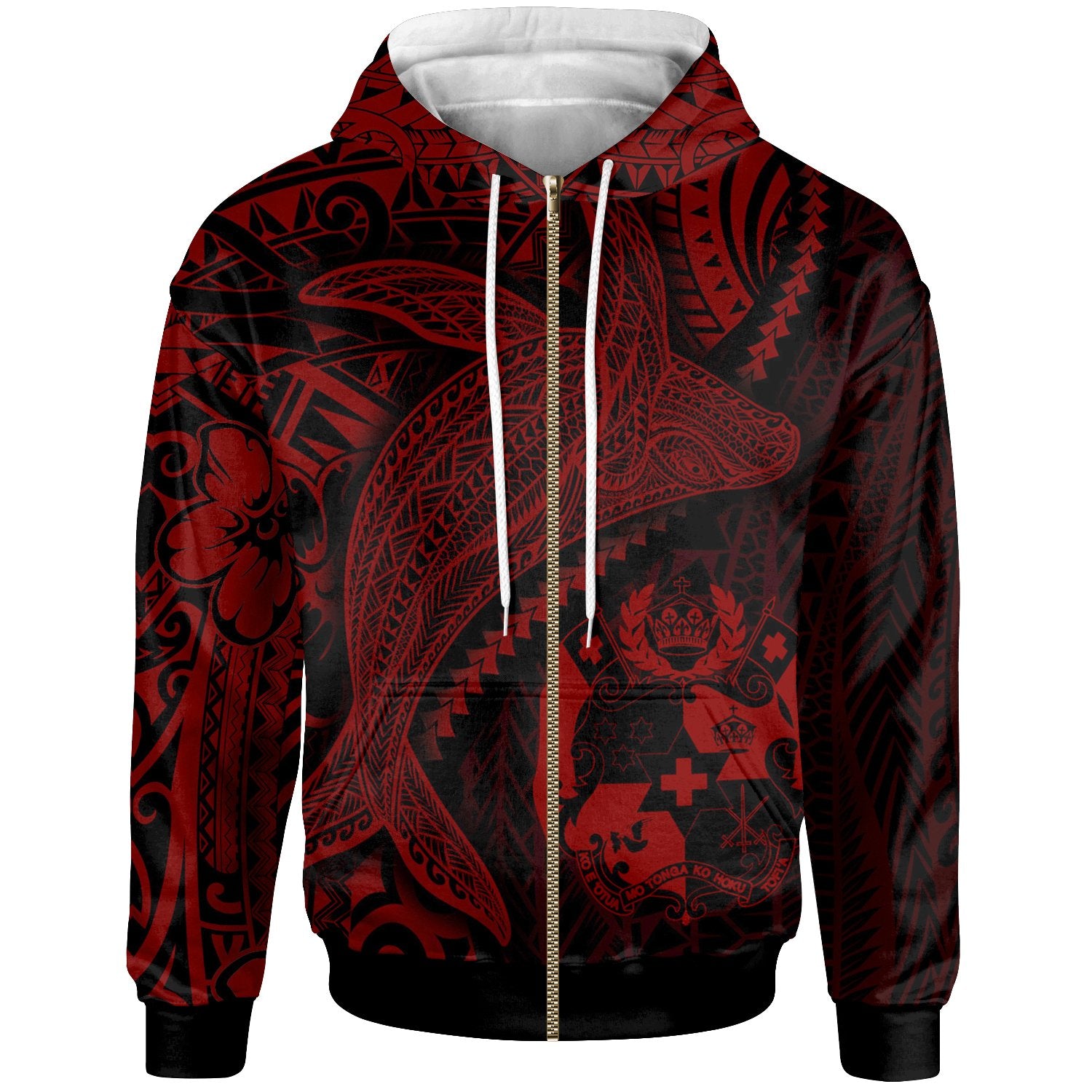 Tonga Zip up Hoodie Humpback Whale & Coat of Arms Red Unisex Red - Polynesian Pride