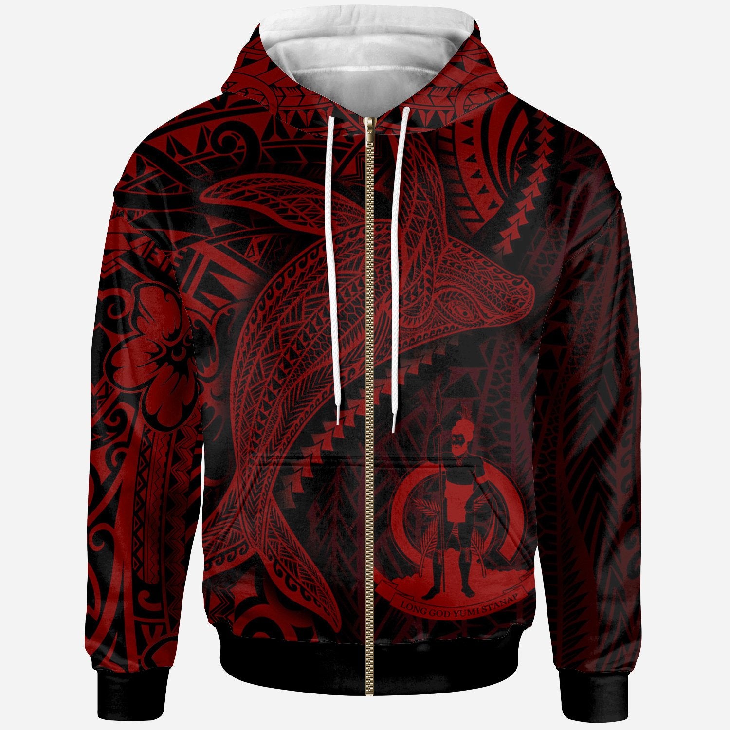 Vanuatu Zip up Hoodie Humpback Whale & Coat of Arms Red Unisex Red - Polynesian Pride