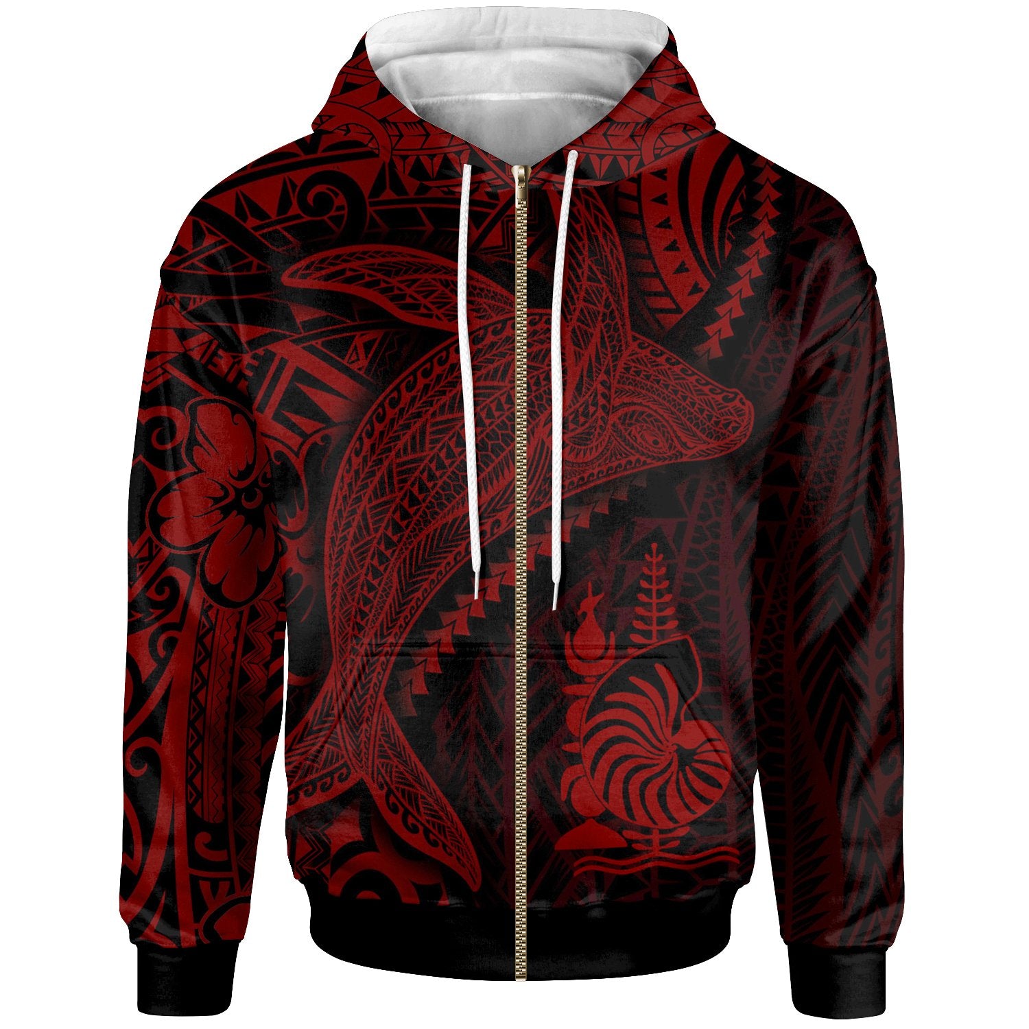 New Caledonia Zip up Hoodie Humpback Whale & Coat of Arms Red Unisex Red - Polynesian Pride