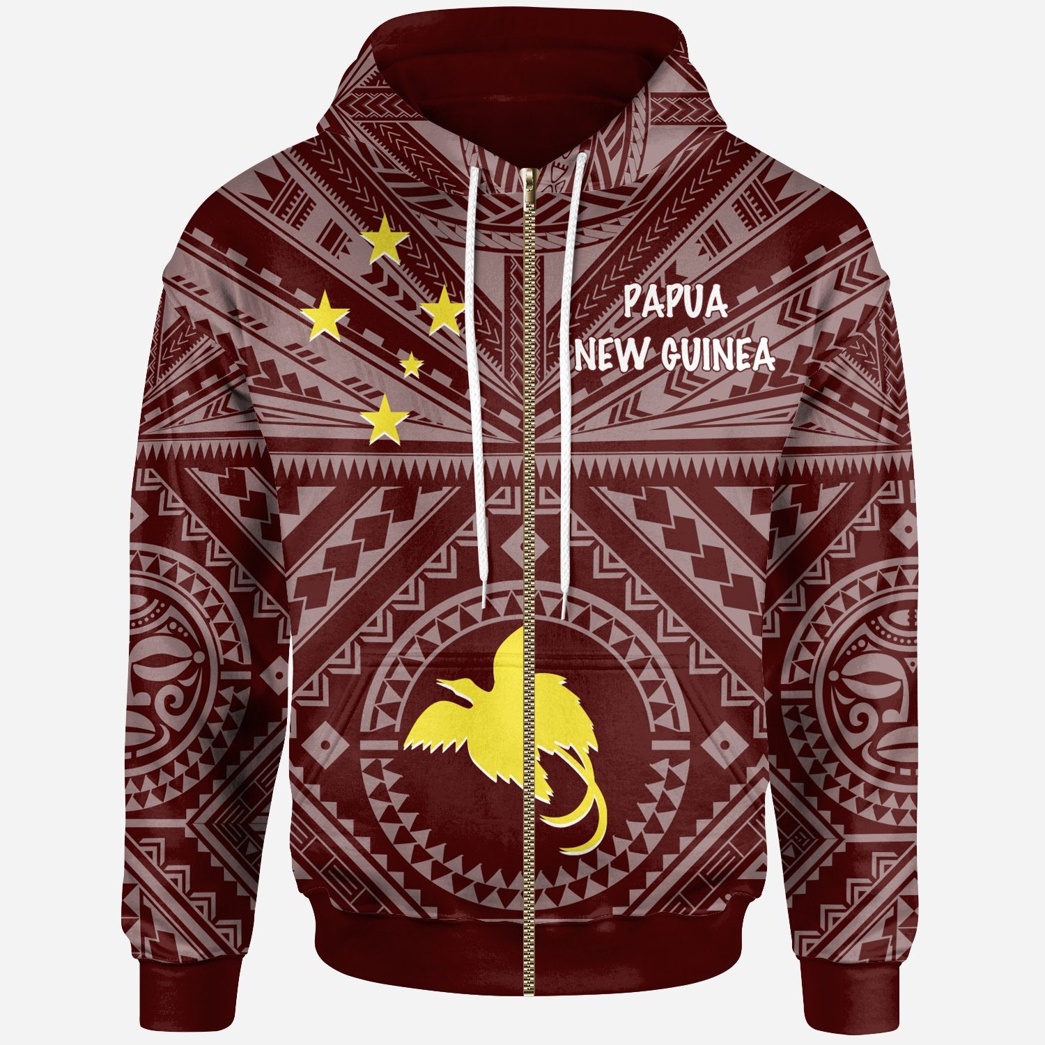 Papua New Guinea Zip up Hoodie Flag With Polynesian Patterns (Red) Unisex Red - Polynesian Pride