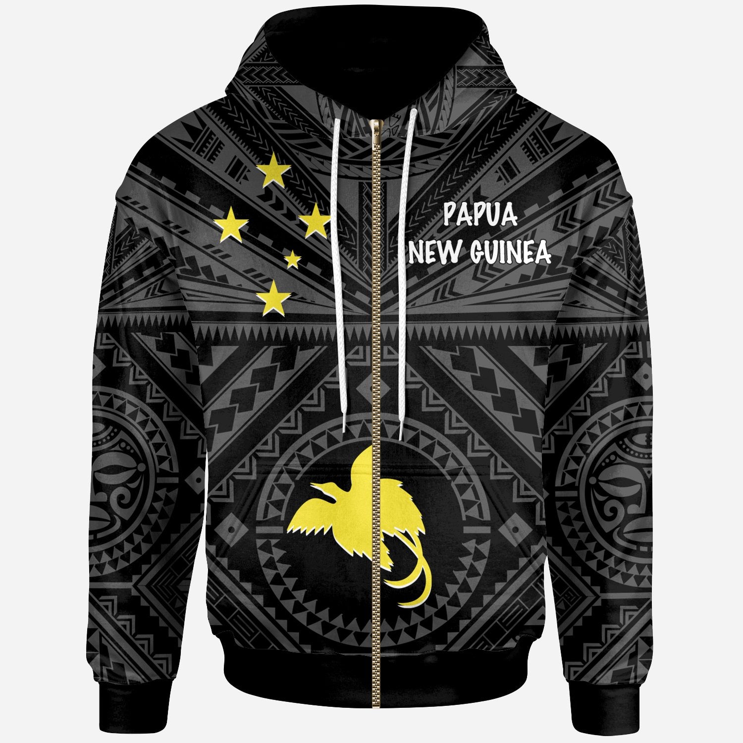 Papua New Guinea Zip up Hoodie Flag With Polynesian Patterns (Black) Unisex Black - Polynesian Pride