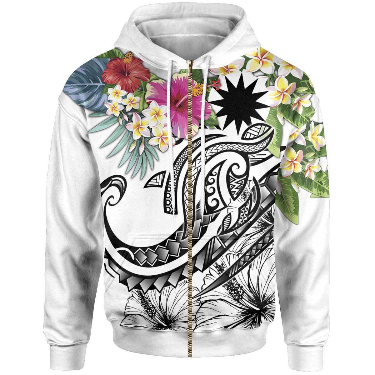 Nauru Polynesian Zip up Hoodie Summer Plumeria (White) Unisex White - Polynesian Pride