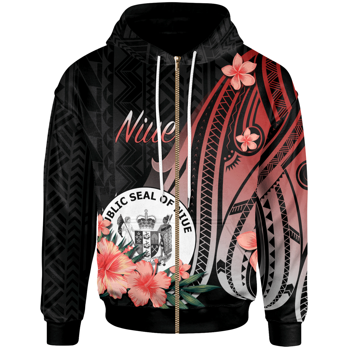 Niue Zip Hoodie Red Polynesian Hibiscus Pattern Style Unisex Red - Polynesian Pride