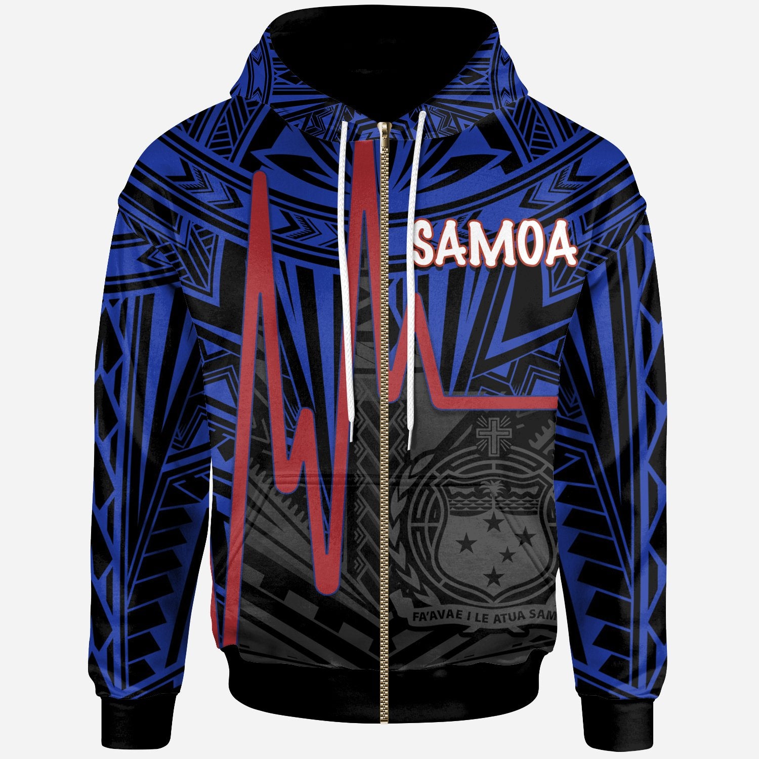 Samoa Zip up Hoodie Samoa Seal With Heartbeat Polynesian Pattern (Blue) Unisex Blue - Polynesian Pride