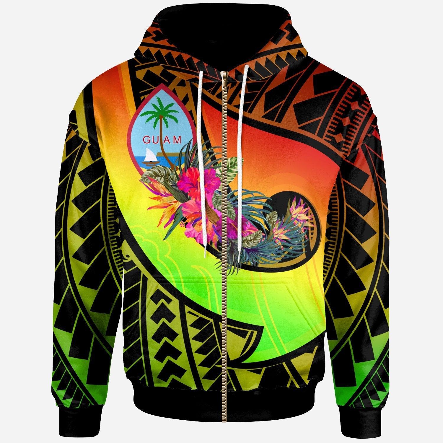 Guam Zip up Hoodie Polynesian Hook and Hibiscus (Raggae) Unisex Raggae - Polynesian Pride