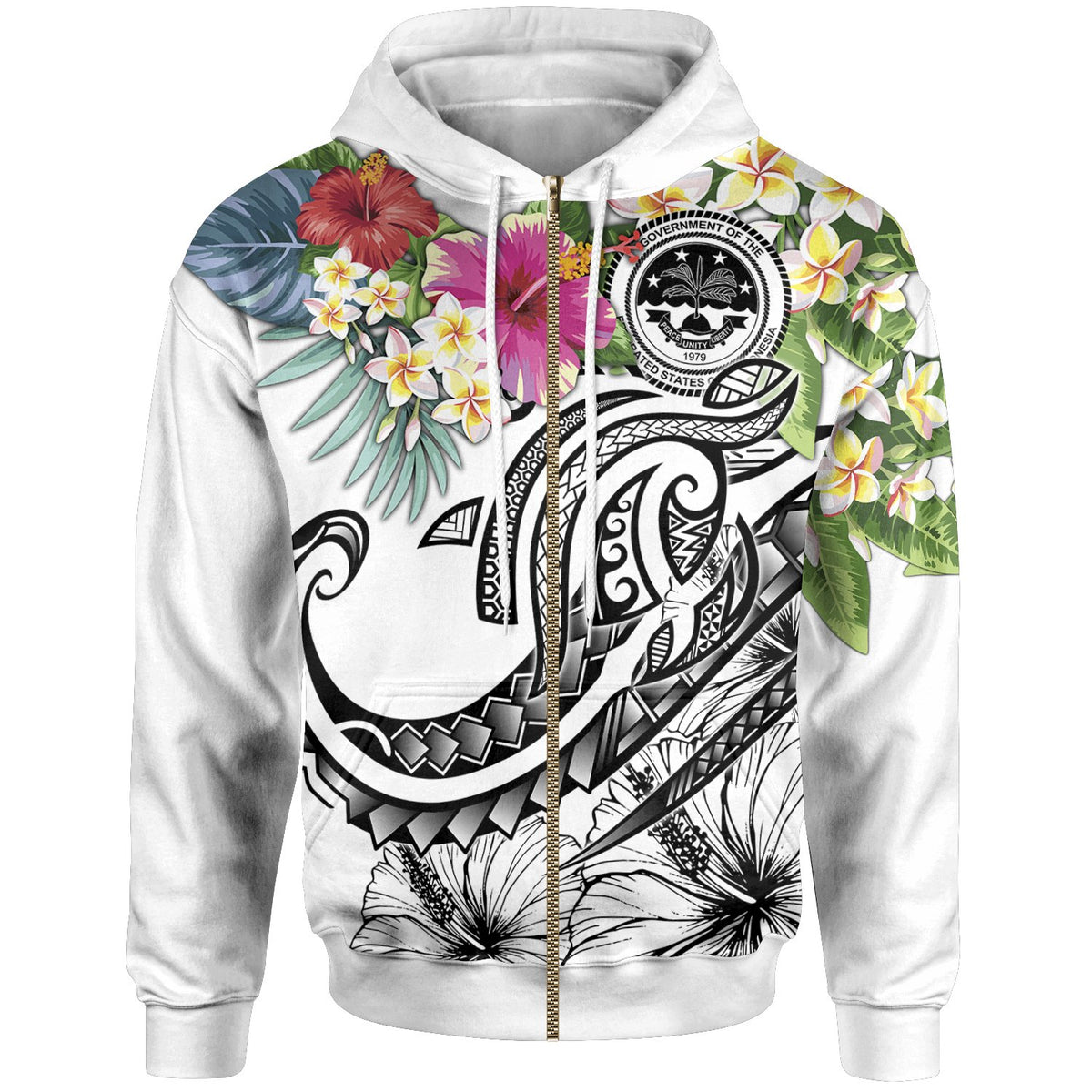 FSM Polynesian Zip up Hoodie Summer Plumeria (White) Unisex White - Polynesian Pride