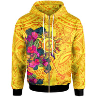 Polynesian Zip Hoodie Vanuatu Symbols With Hibiscus Unisex Yellow - Polynesian Pride