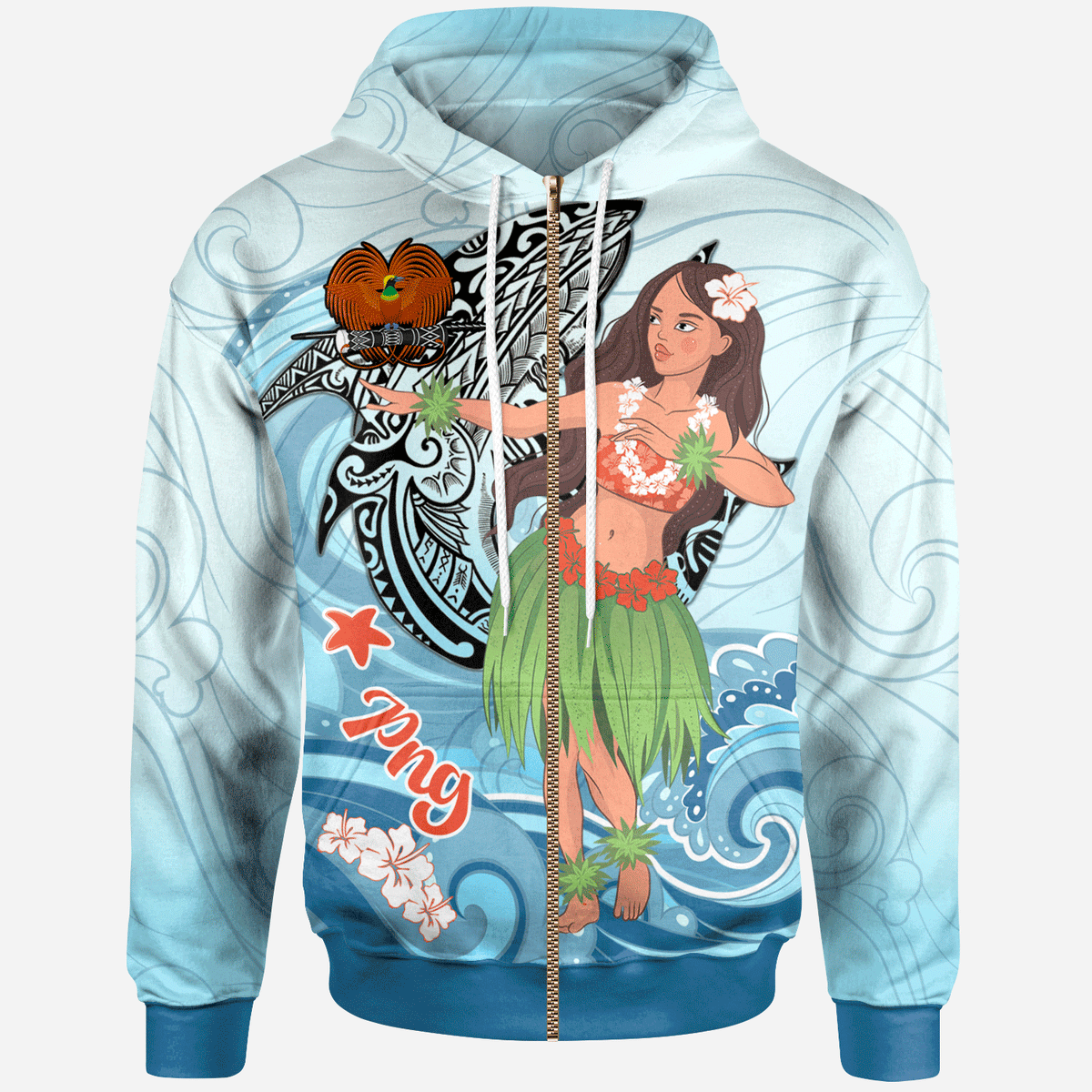 Papua New Guinea Zip Hoodie Polynesian Girls With Shark Unisex Blue - Polynesian Pride